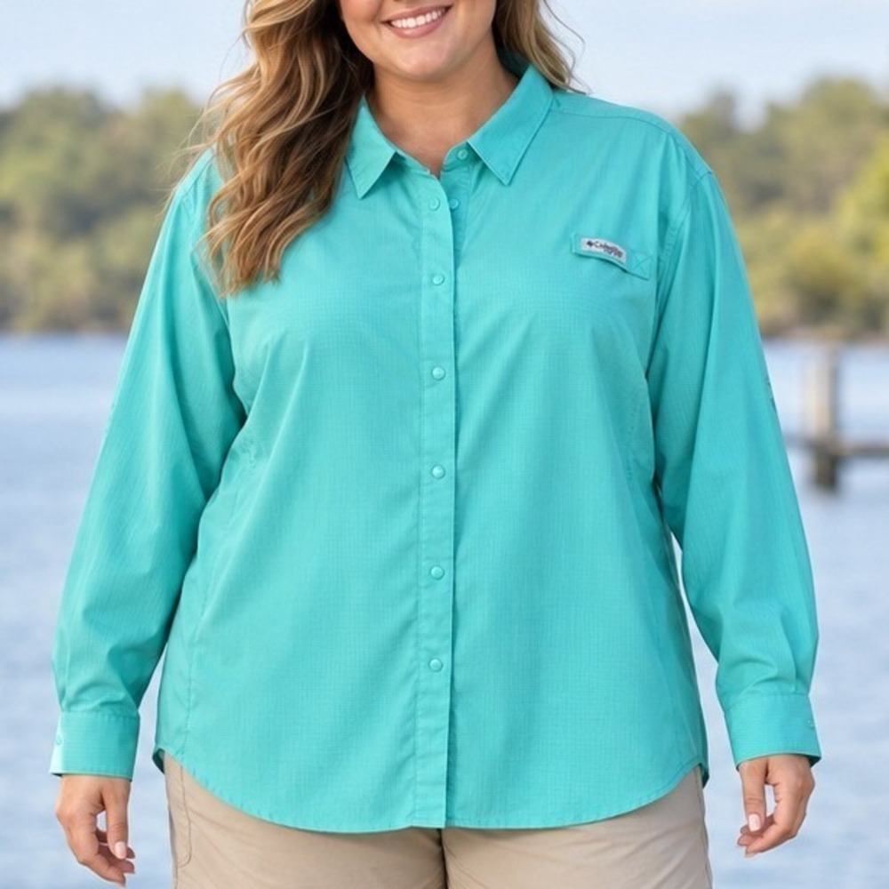 Columbia PFG Tamiami II Long Sleeve Fishing Shirt Teal Green Womens 2X UPF 40